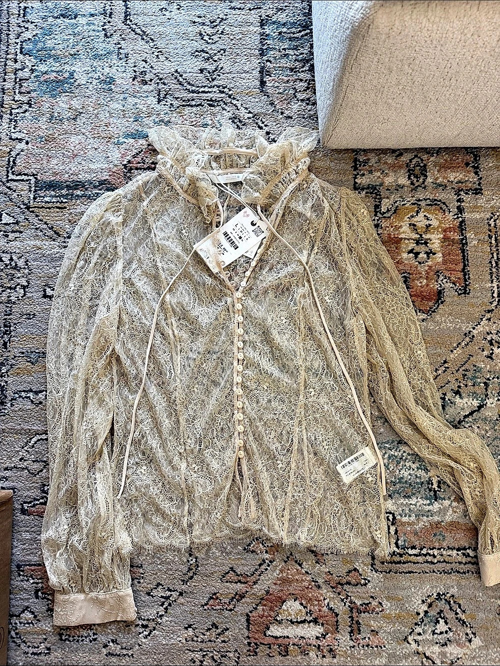 ZARA ZW Collection Ruffled Lace Shirt Cream Medium